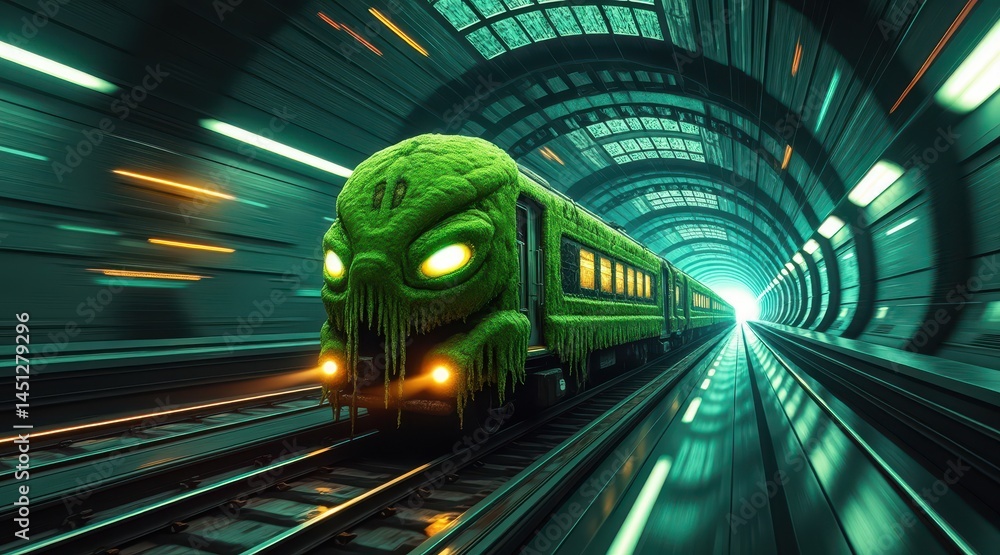 Poster a futuristic green train with glowing lights and a creature-like appearance speeds through an illumi