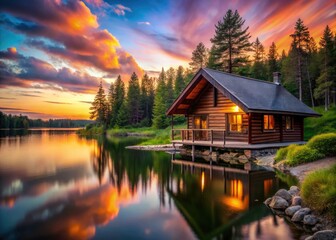 Fototapeta premium Lake House Solitude: Wooden Cabin Long Exposure Photography, Peaceful River Retreat, Forest Loneliness