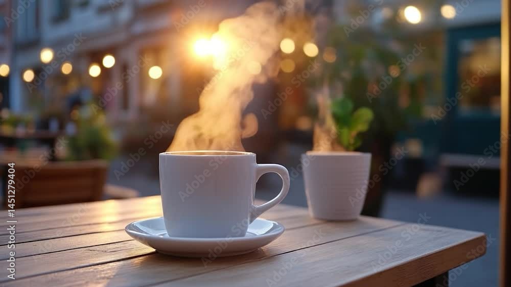 Aufkleber Steaming coffee cup on a wooden table in a cafe setting. The image captures a warm, inviting atmosphere with bokeh lights in the blurred background