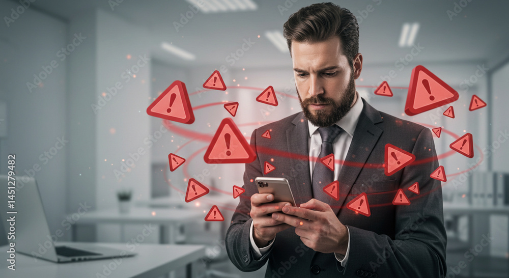 Poster businessman using smartphone surrounded by red warning icons in a modern office setting indoors tech