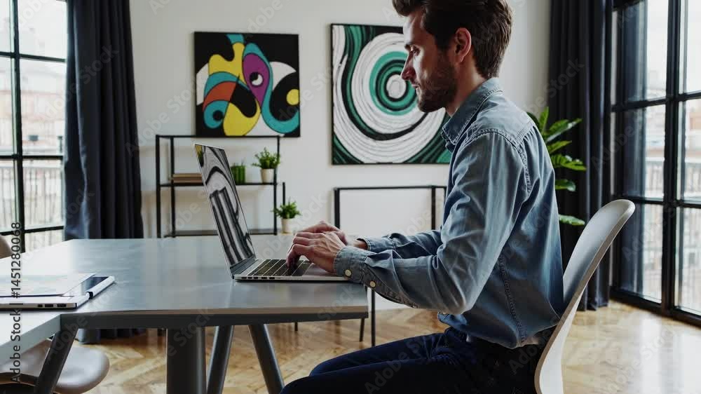 Poster side view of a man working on a laptop in a modern office with abstract art. the video captures a pr