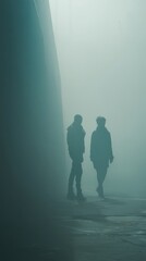 Shadowy figures in dystopian fog with surreal composition and negative space on left