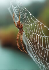 Close-up of a spider on a dew-covered web with blurred background details
