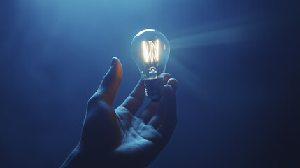 A hand holds a glowing incandescent light bulb against a dark blue background.