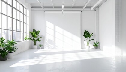 Bright empty modern studio space with white backdrop and plants