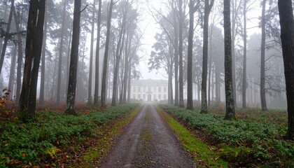 Fototapeta premium Foggy forest path leading to grand manor house landscape