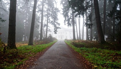 Foggy forest leading to grand white estate mansion with trees