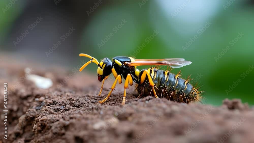 Poster Close-up shot of a yellow and black wasp on a brown surface with green background. Detailed insect macro photography showing the wasp's body structure