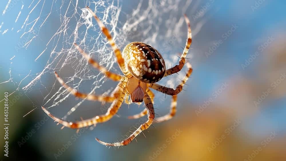 Poster close-up of a detailed spider with patterned body on a web against blue sky. soft focus background w