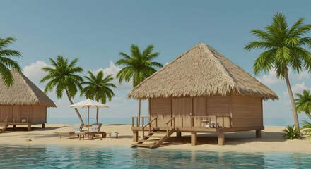 Tropical Beach Scene with Bungalows and Palm Trees Under Clear Sky
