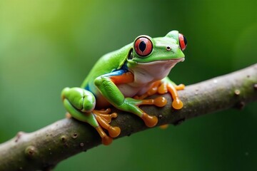 Naklejka premium Green tree frog perched on white, vibrant color , stillness, nature