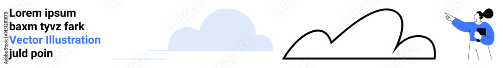 Poster woman gesturing toward abstract cloud and text elements in clean design. ideal for web design, creat