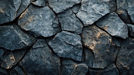 Close-up view of a dark stone wall composed of irregular pieces.