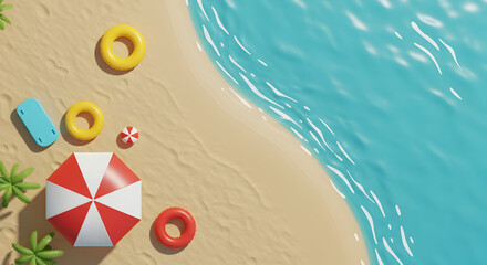 Naklejka premium Colorful Beach Accessories with Umbrella and Waves on Sandy Shore