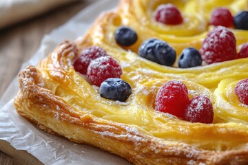Freshly baked fruit pastry with raspberries and blueberries on a wooden table setting