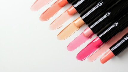 Obraz premium Beige nude tone lipstick make up isolated on a studio background,natural Liquid lipsticks,makeup cosmetic lips, product mockup for beauty fashion business,sale,swatch color,template.