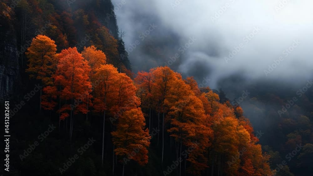 Aufkleber Panoramic view of autumn trees on a hillside against a foggy backdrop creating a moody landscape scene