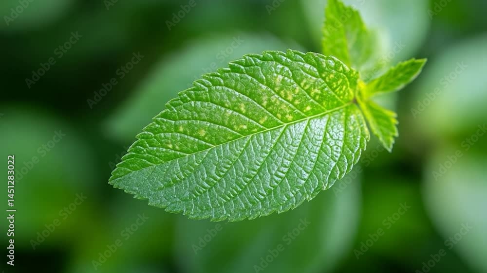 Poster close-up of a vibrant green leaf with detailed texture illuminated by natural light set against a bl