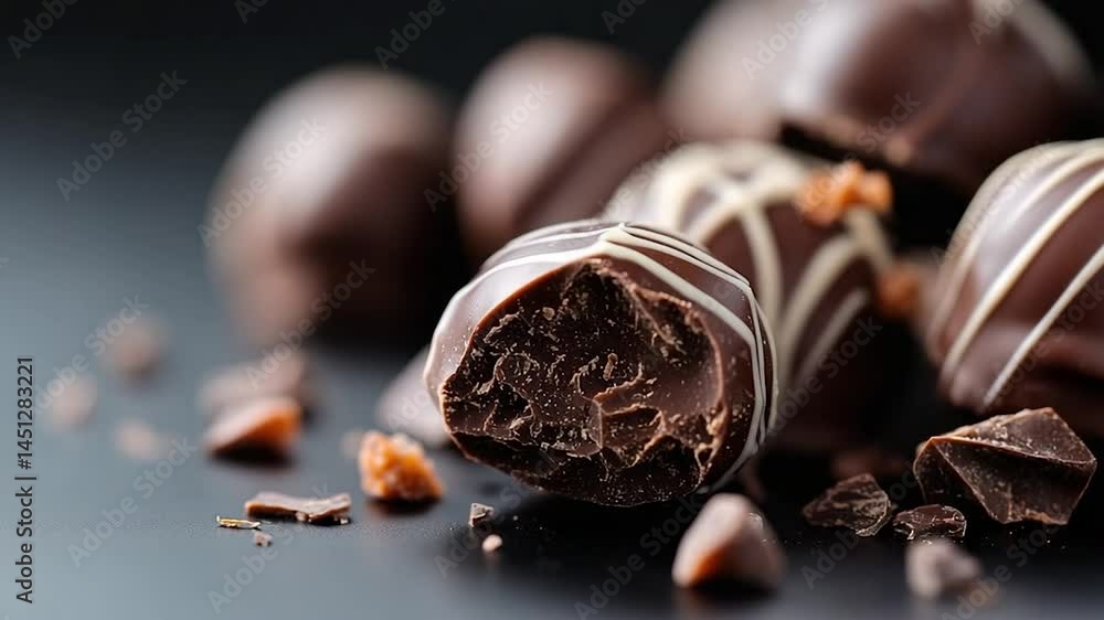 Poster close-up of assorted gourmet chocolates. features a bitten truffle with visible filling, surrounded 