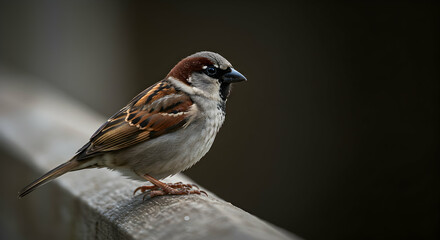 Beautiful close-up of a sparrow perched on a wooden railing