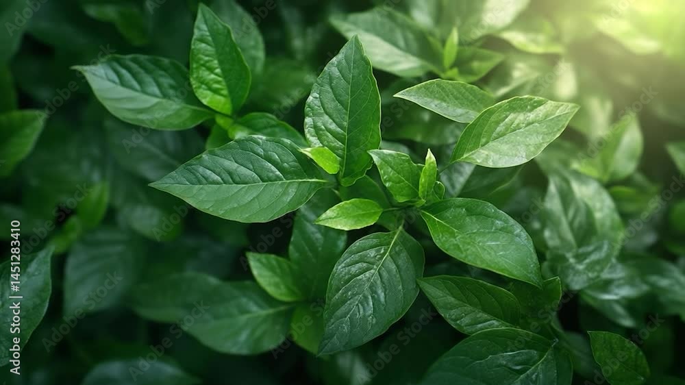 Poster close-up shot of fresh green leaves with details under soft sunlight. the leaves have textured surfa