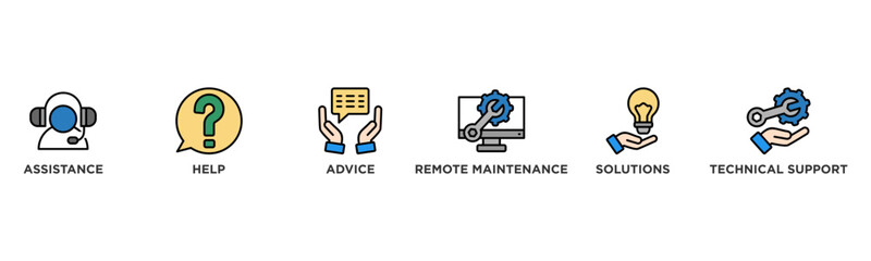 IT Expert banner web icon illustration concept with icon of assistance, help, advice, remote maintenance, solutions and technical support
