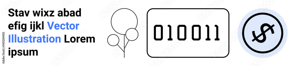 Poster binary code display, minimal balloon icons, and encircled dollar sign. ideal for technology, coding,