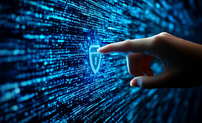 A hand touching a digital padlock icon against a background of binary code