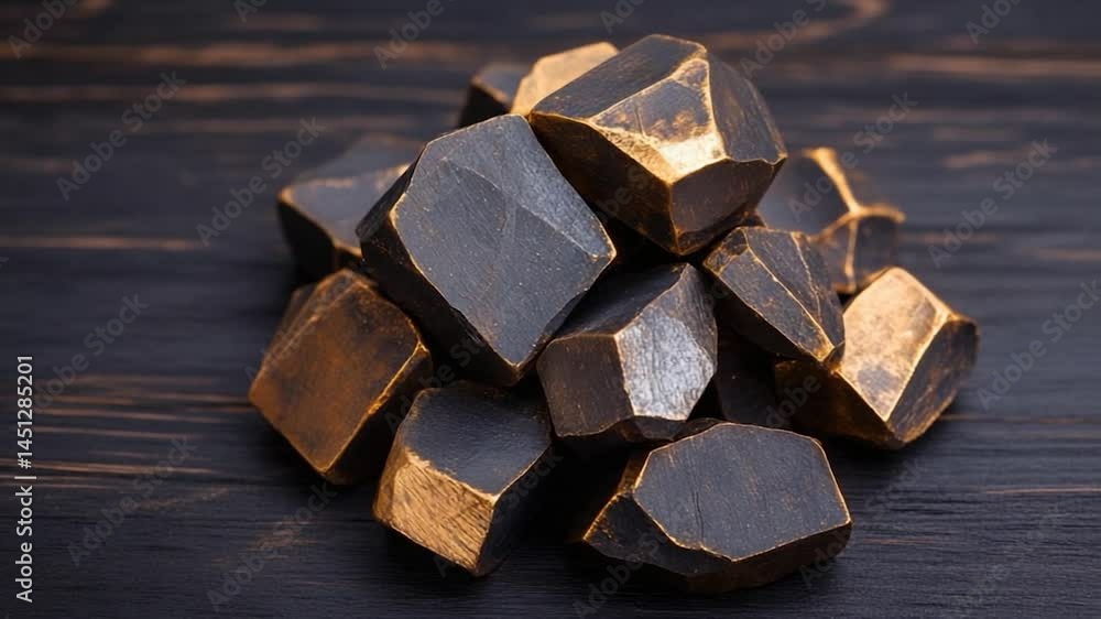Poster close-up of geometric dark wood blocks with gold edges on a dark wooden surface. the composition hig