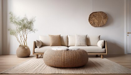 A modern interior scene with a low wicker pouf beside a light fabric sofa, set against a sim 