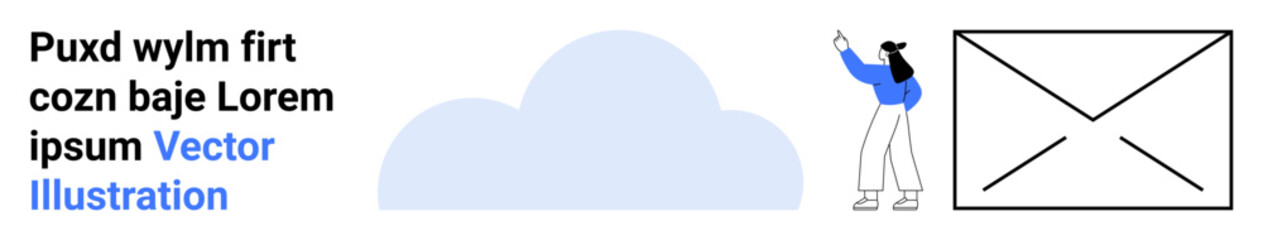 Woman with casual outfit pointing at text beside a cloud and rectangle placeholder. Ideal for communication, creativity, mailing, digital marketing, teamwork, design workflow, simple landing page