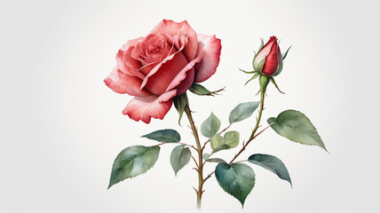 A beautiful watercolor painting of a red rose, white background
