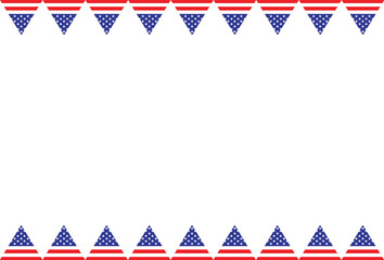 Obraz premium Patriotic American-themed background with triangular USA flag buntings aligned along the top and bottom edges, leaving a large white space for text or design in the center