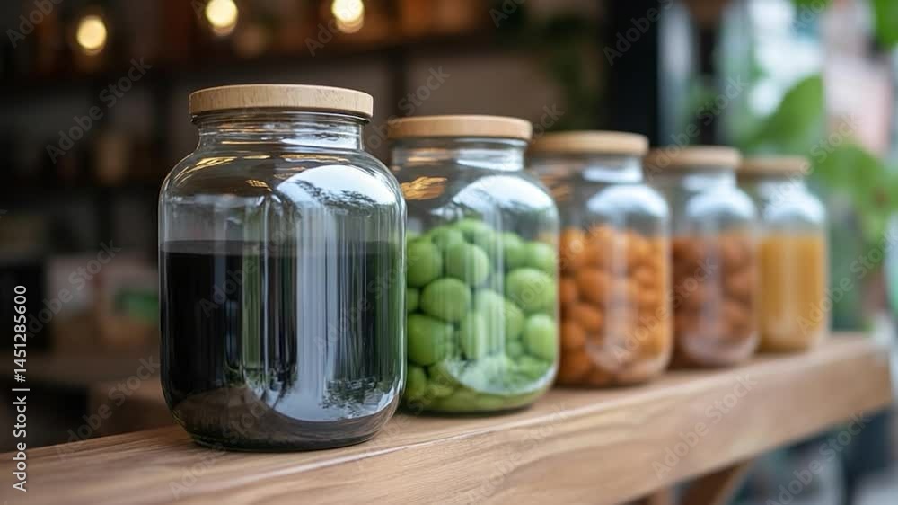 Poster close-up of glass containers filled with various food items, arranged on a wooden surface. the conta