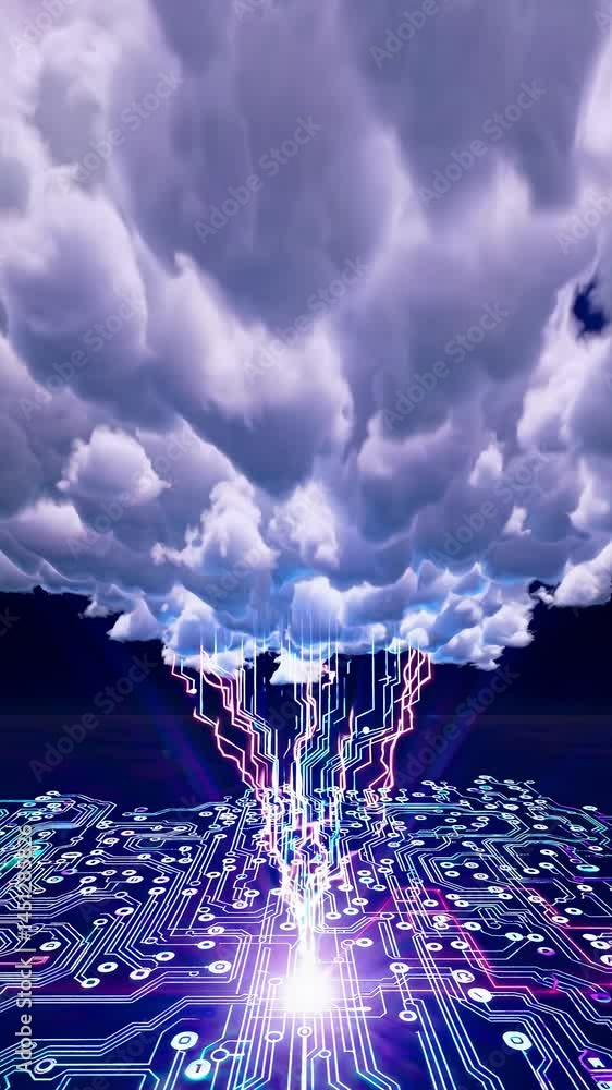 Poster aerial view of a digital circuit board merging with clouds, symbolizing technology and nature. ideal