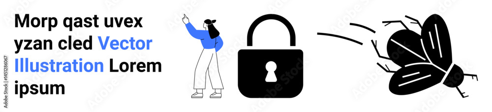 Poster woman gesturing at text, accompanied by a padlock representing security and a bug symbolizing vulner