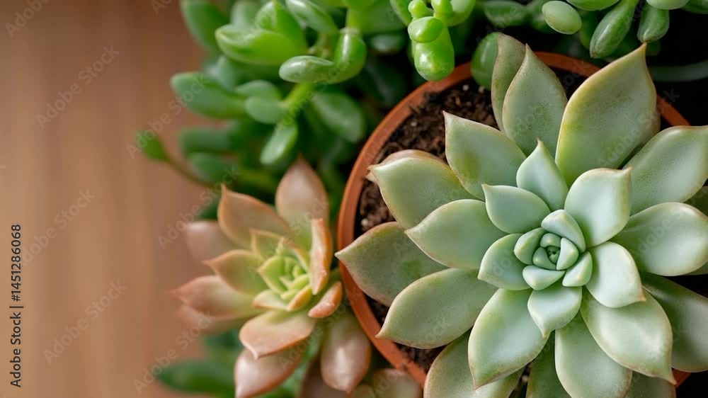 Poster close-up overhead view of vibrant succulent plants in pots against a natural wooden backdrop. the pl