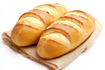 Fototapeta premium Freshly baked loaves of bread resting on a burlap cloth, showcasing their golden crust