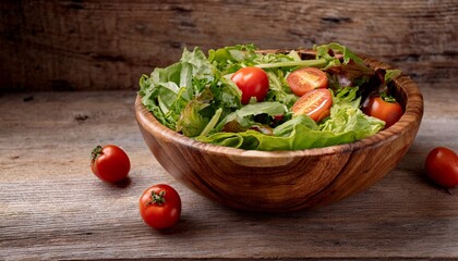 Rustic wooden bowl filled with vibrant salad greens, basil, and tomatoes, placed to the left