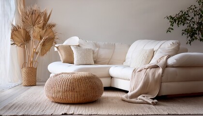 Soft textures meet natural materials in a bright minimalist interior, where a wicker pouf an 