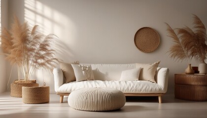 Soft textures meet natural materials in a bright minimalist interior, where a wicker pouf an 