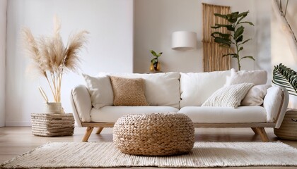 Soft textures meet natural materials in a bright minimalist interior, where a wicker pouf an 