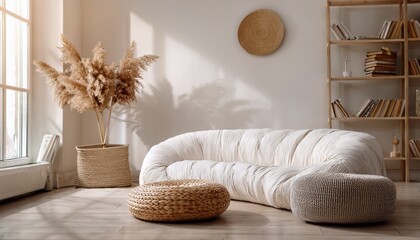 Soft textures meet natural materials in a bright minimalist interior, where a wicker pouf an 