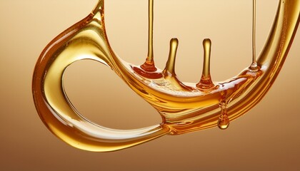 Stream of honey cascading in a graceful curve, frozen mid-drip, on a clean light gradient ba
