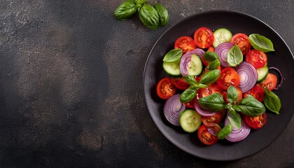 Rustic wooden bowl filled with vibrant salad greens, basil, and tomatoes, placed to the left