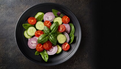 Rustic wooden bowl filled with vibrant salad greens, basil, and tomatoes, placed to the left