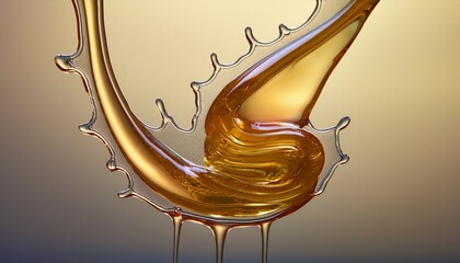 Stream of honey cascading in a graceful curve, frozen mid-drip, on a clean light gradient ba