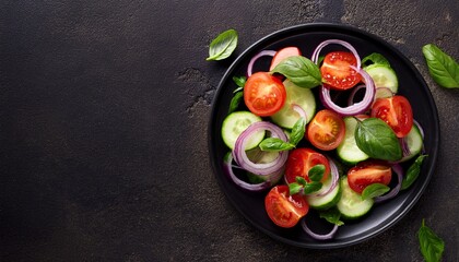  Top view of fresh salad with cherry tomatoes, sliced cucumbers, red onions, and basil on a m 