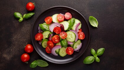  Top view of fresh salad with cherry tomatoes, sliced cucumbers, red onions, and basil on a m 