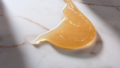 Viscous honey trail across a white marble surface, golden reflections glistening under natur 